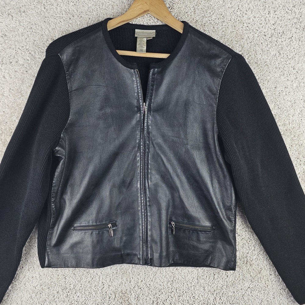 Vintage Coldwater Creek Leather Merino Wool Knit Jacket Sweater Sz Large Moto